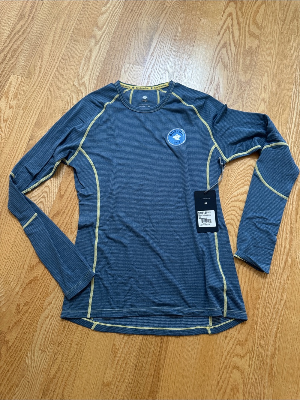 NWT rabbit Boston Blue Long Sleeve Base Layer Top with Yellow Stitching